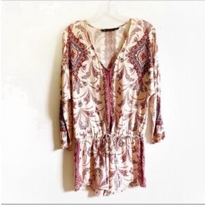 Zara romper blush pink paisley boho v neck tie waist shorts